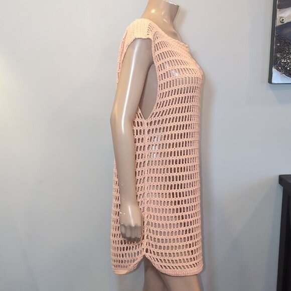 3/$20 Peach Crochet Shell Dress Beach Swim Cover Up Cap Sleeve Sheath Boat Neck - Picture 8 of 11